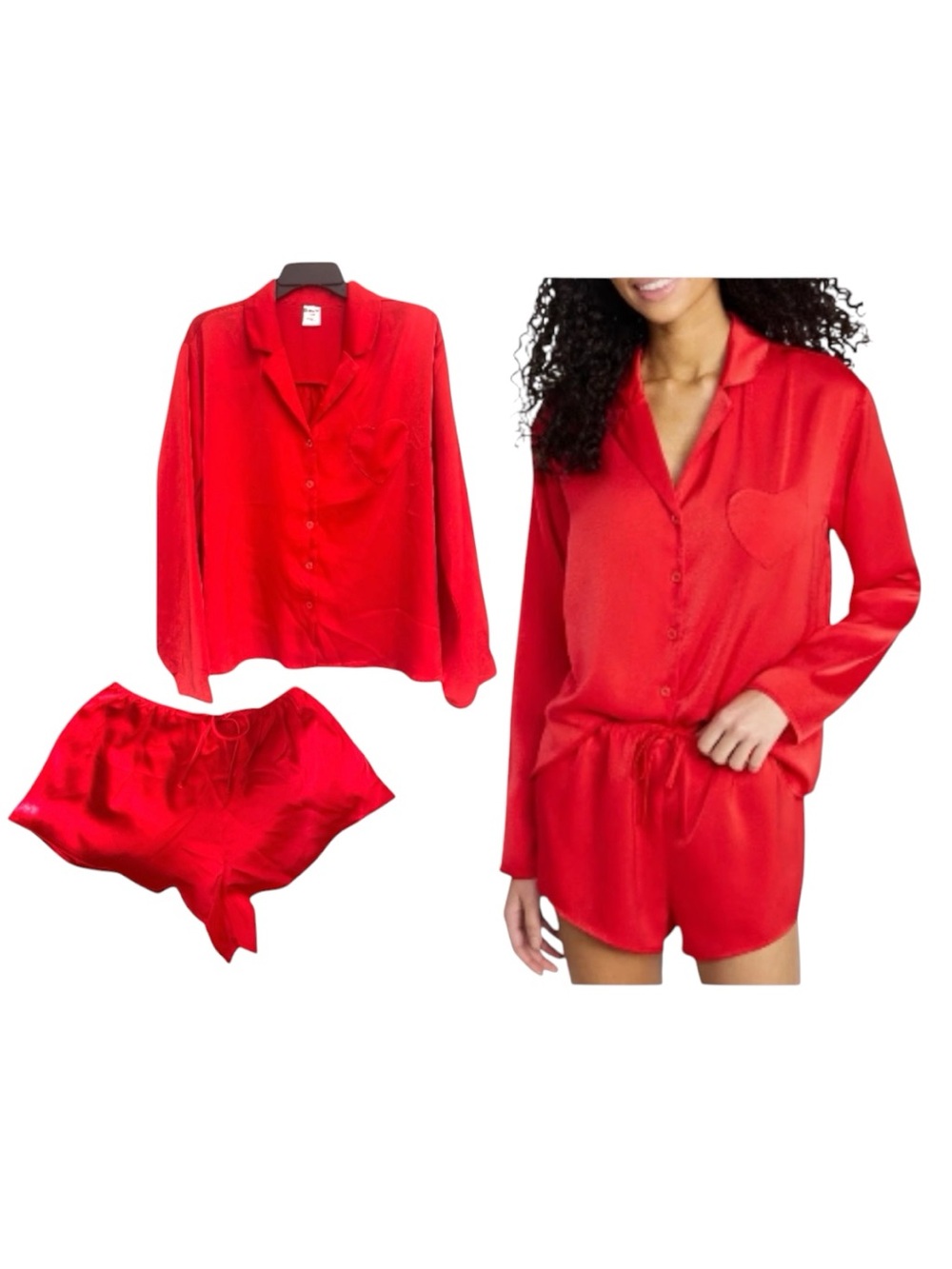 No Boundaries Red Satin Heart Pocket Pajama - Long Sleeve Top & Shorts